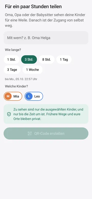 Für ein paar Stunden teilen: Name eingeben, Dauer wählen, Kinder auswählen