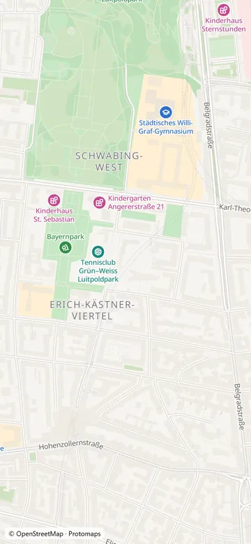 Die Karte von Ping im hellen Design: Schwabing-West mit Gymnasium, Kindergärten, Park und Tennisclub