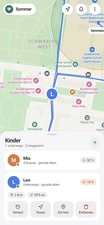 Leo ist ausgewählt: Sein Weg von heute ist als blaue Linie eingezeichnet, darunter stehen Genauigkeit, Akkustand und die Knöpfe Verlauf, Route und Ort hier