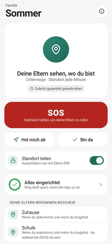 Ping auf dem Kinder-Handy: Deine Eltern sehen, wo du bist. Darunter der SOS-Knopf, Hol mich ab, Bin da und die Orte, an denen die Eltern Bescheid bekommen
