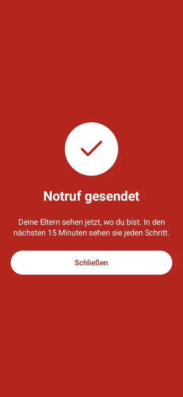 Auf dem Kinder-Handy steht: Notruf gesendet. Deine Eltern sehen jetzt, wo du bist.
