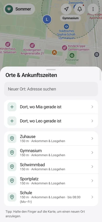 Liste der Orte von Familie Sommer: Zuhause, Gymnasium, Schwimmbad, Sportplatz und Schule